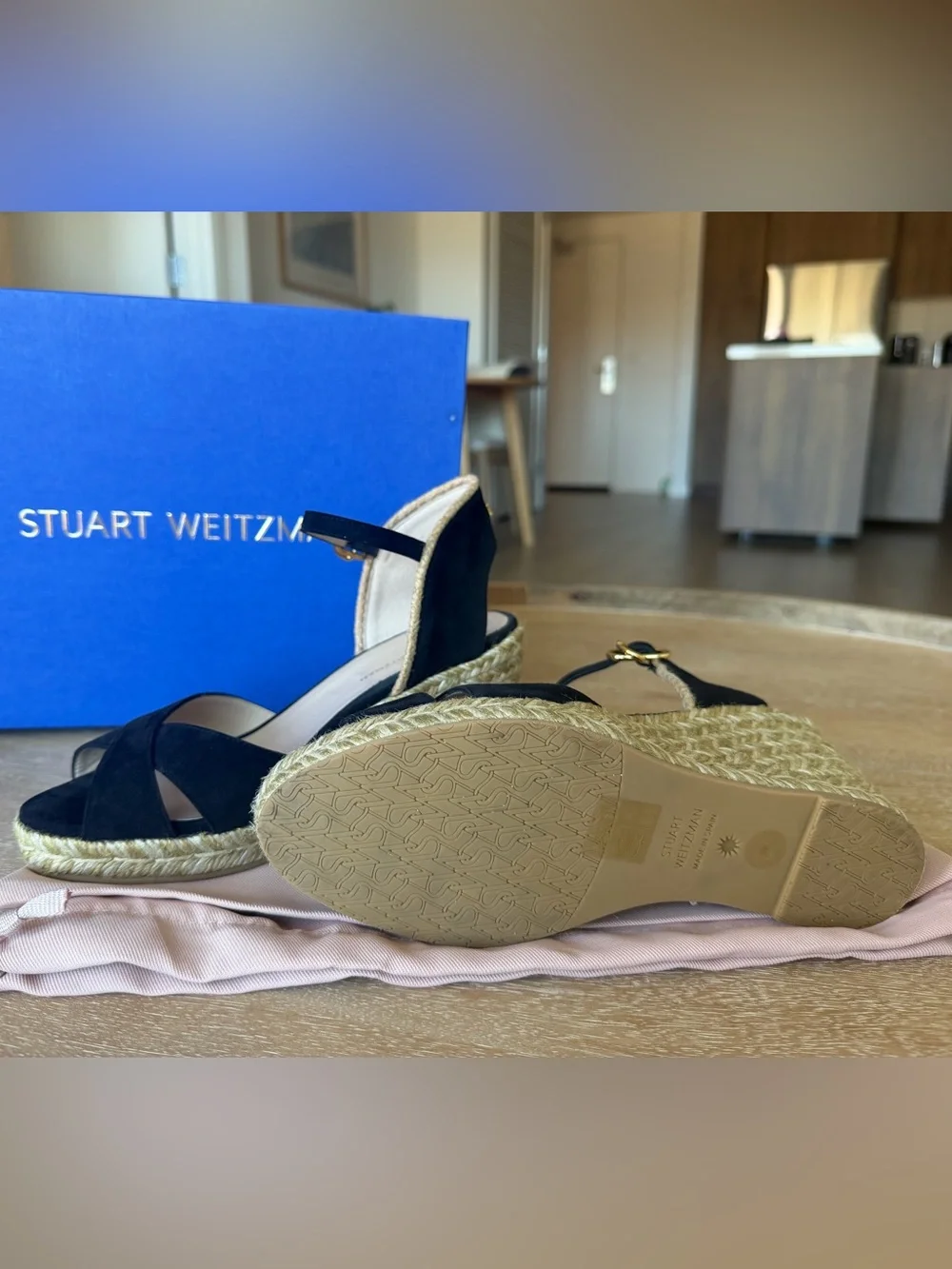 STUART WEITZMAN Mirela Black Espadrille Wedge Sandal - Size 7